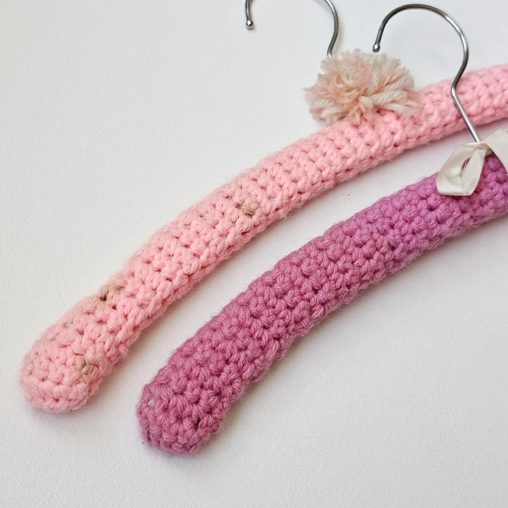 Vintage Crocheted Padded Hangers Pink & Rose Set of 2 Handmade Shabby Chic Décor